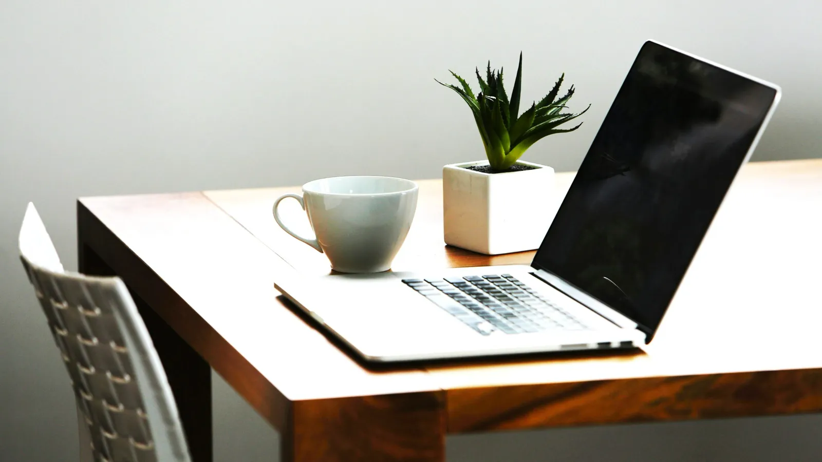 A laptop on a tidy desk beside a cup of coffee and a plant