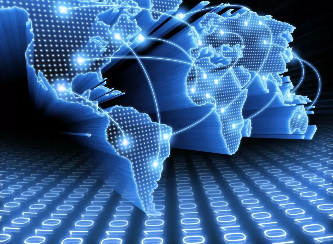 A world map drawn in points of light, with glowing connections